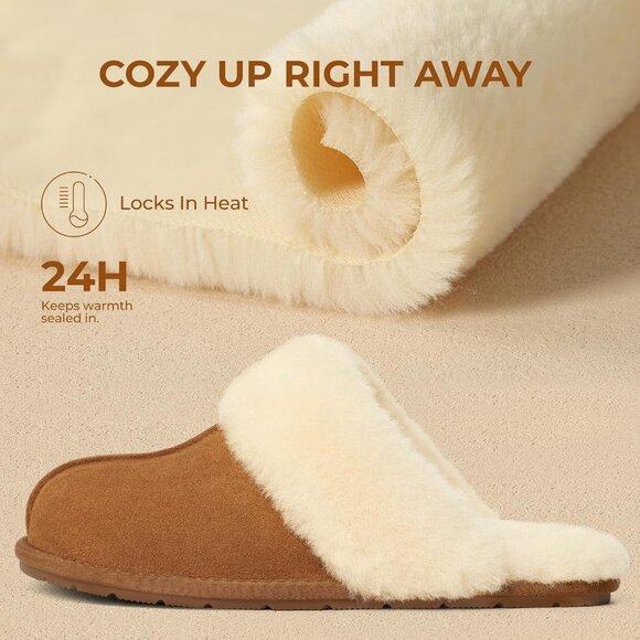 Women's Leather Fuzzy Light Brown Winter Warm Scuff Cozy Slip On Slippers Shoes - Picture 4 of 7